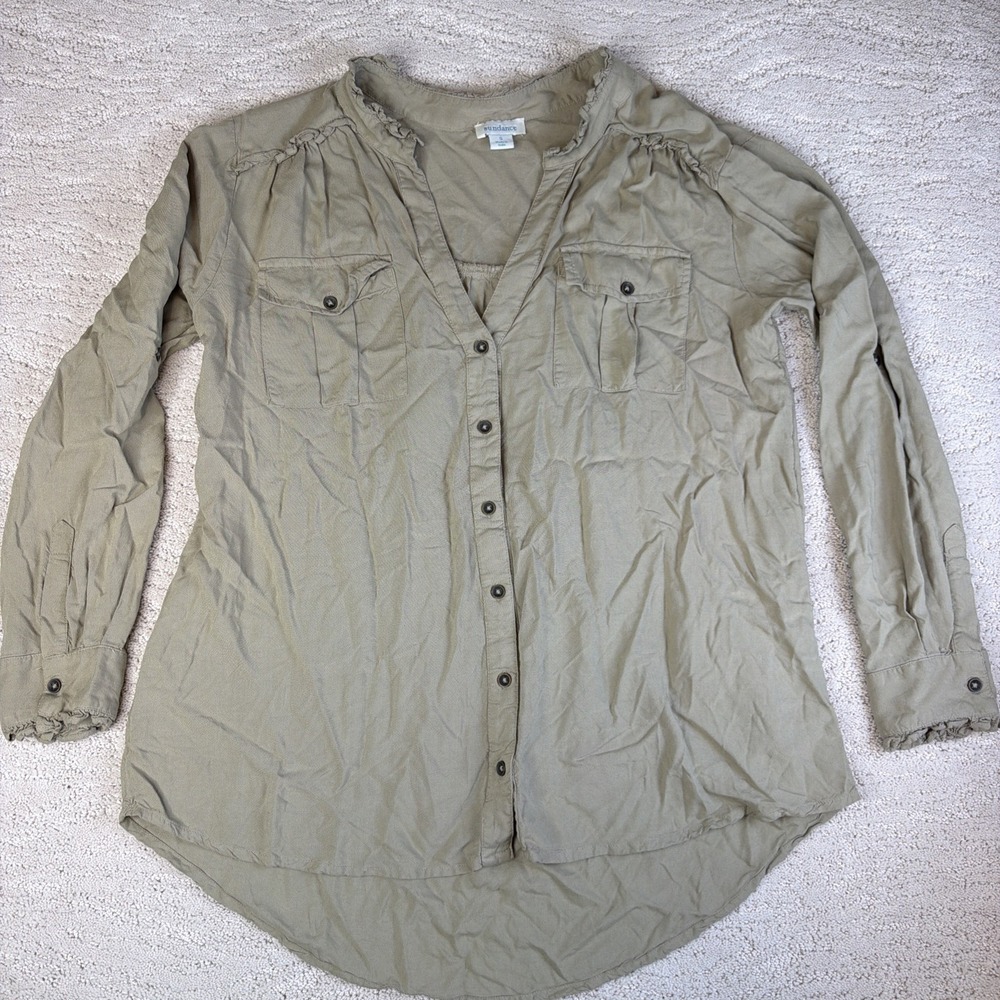Women's Sundance Size Small Long Sleeve Button Blouse Tan 100% Viscose